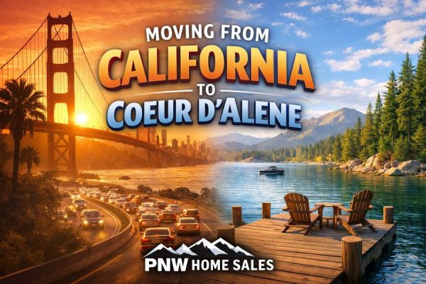 Moving from California to Coeur d'Alene Idaho relocation guide showing North Idaho lake lifestyle homes mountains and scenic community living