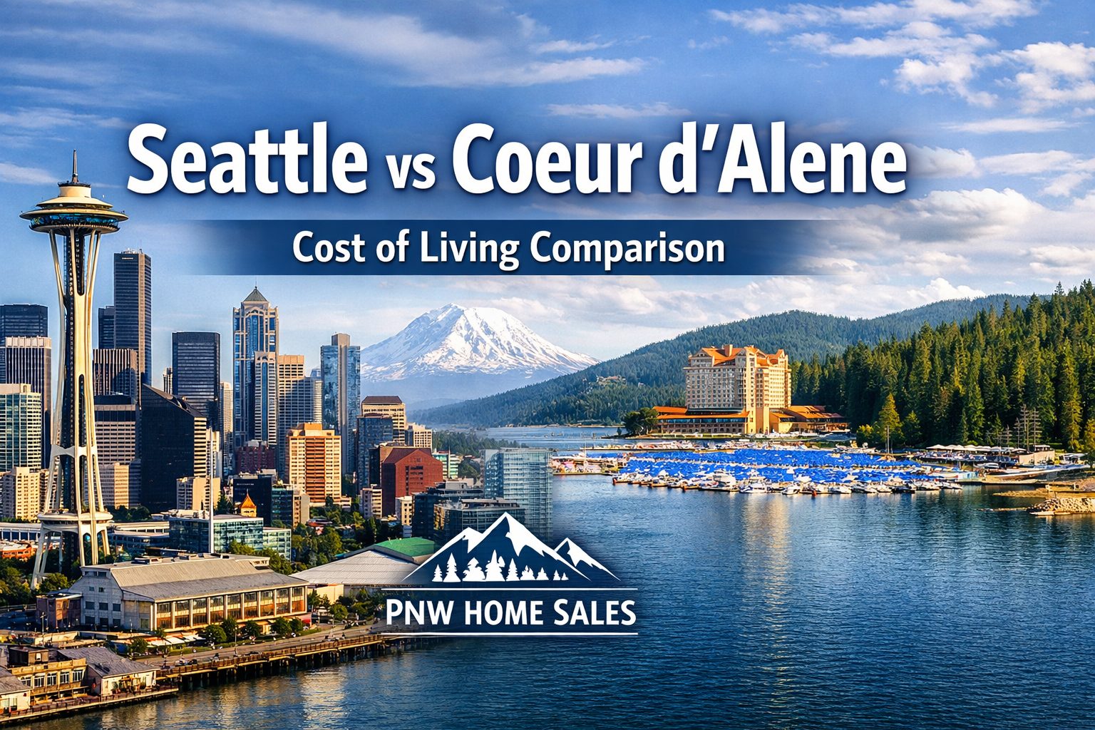Seattle vs Coeur d’Alene Idaho comparison showing city skyline and lakefront lifestyle in North Idaho