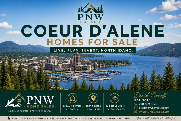Coeur d’Alene homes for sale with lakefront views and PNW Home Sales real estate branding in North Idaho