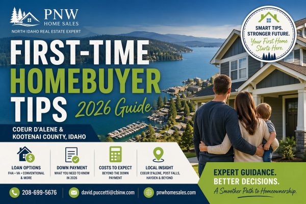 First-time homebuyer guide in Coeur d’Alene Idaho showing home buying tips, loan options, and costs for Kootenai County buyers in 2026