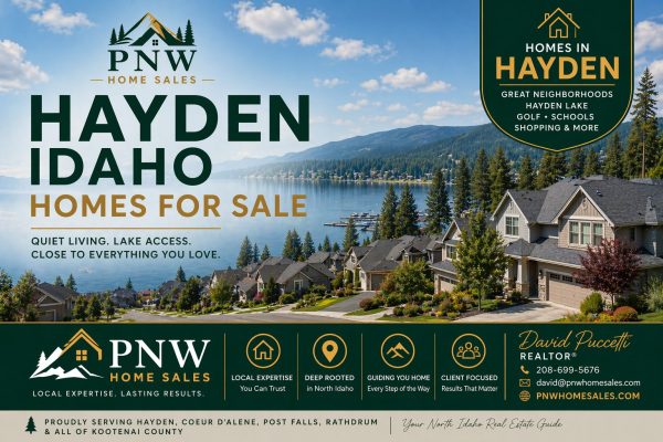Hayden Idaho homes for sale with Hayden Lake views and PNW Home Sales real estate branding in North Idaho