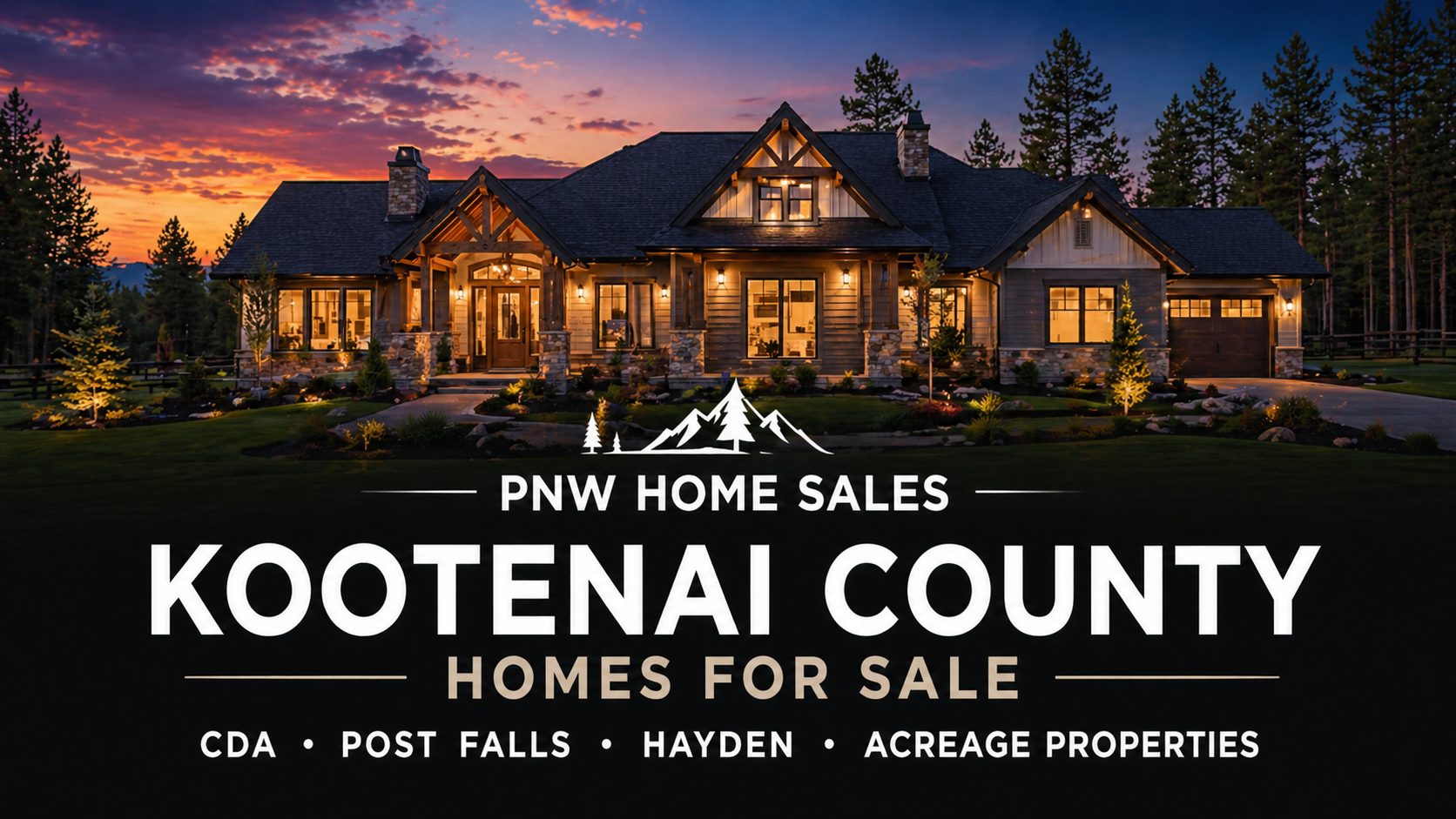 Kootenai County Idaho homes for sale at twilight featuring luxury home exterior with PNW Home Sales branding overlay and North Idaho real estate market coverage