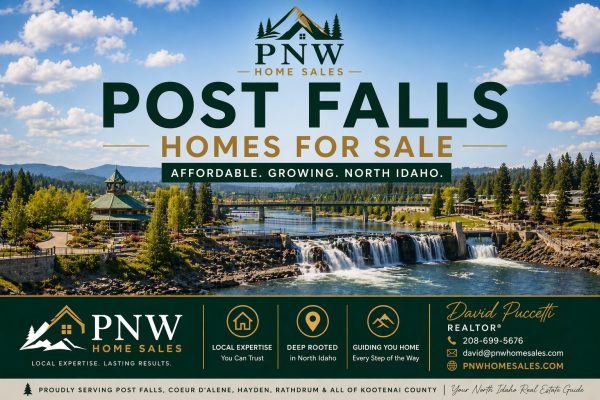 Post Falls Idaho homes for sale with Spokane River waterfall and PNW Home Sales real estate branding in North Idaho