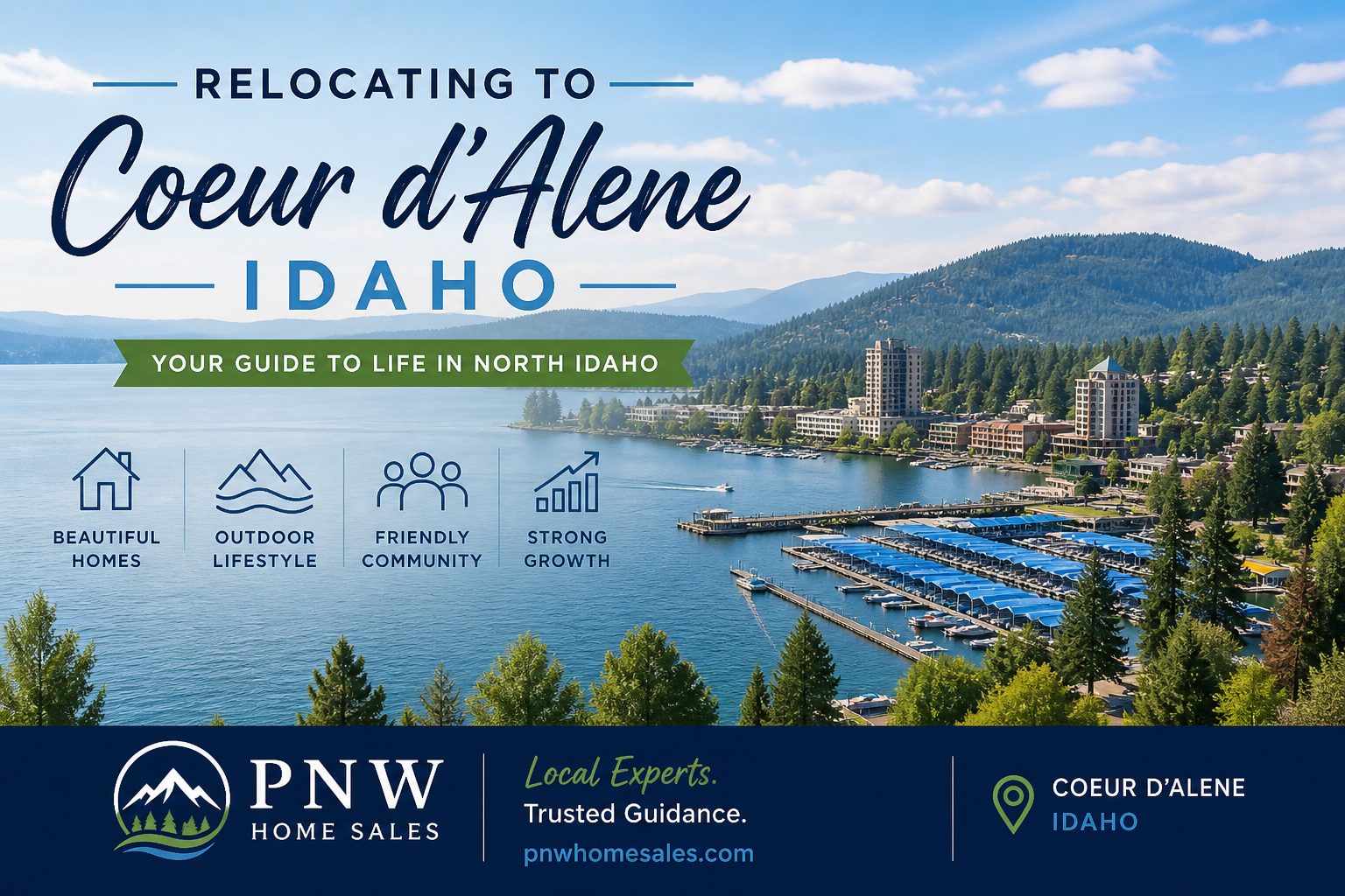 Relocating to Coeur d’Alene Idaho guide featuring waterfront homes, lifestyle, and North Idaho community by PNW Home Sales