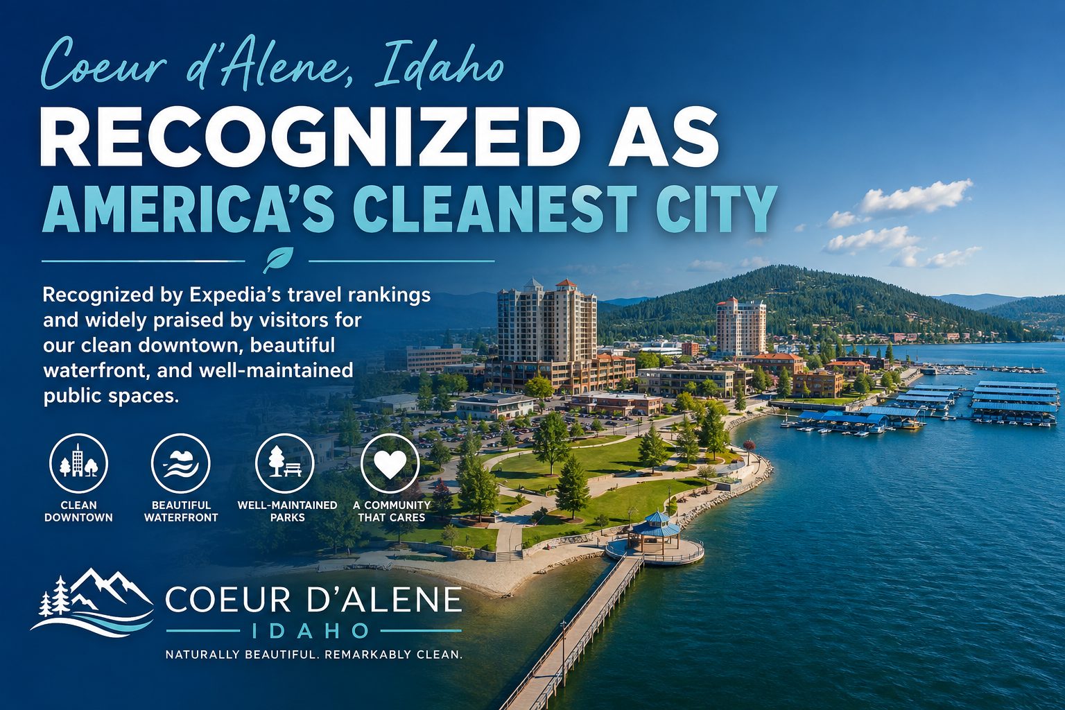 Coeur d’Alene Idaho recognized as one of America’s cleanest cities with a vibrant downtown, scenic waterfront, and well-maintained public spaces