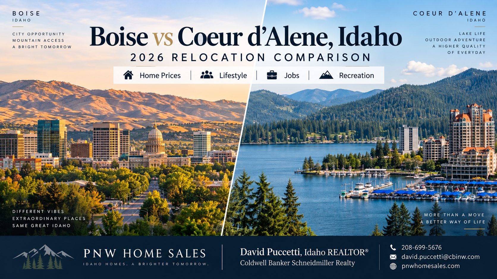 Boise vs Coeur d’Alene Idaho 2026 relocation comparison covering housing, cost of living, climate, outdoor recreation, and lifestyle differences