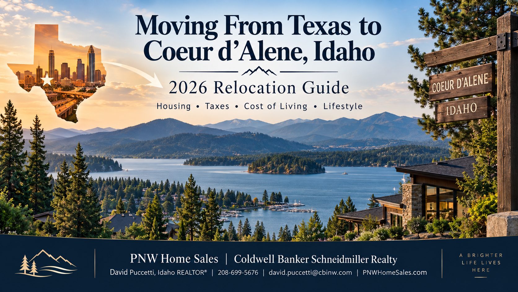 Moving from Texas to Coeur d’Alene Idaho in 2026 relocation guide covering housing, cost of living, weather, taxes, and North Idaho lifestyle
