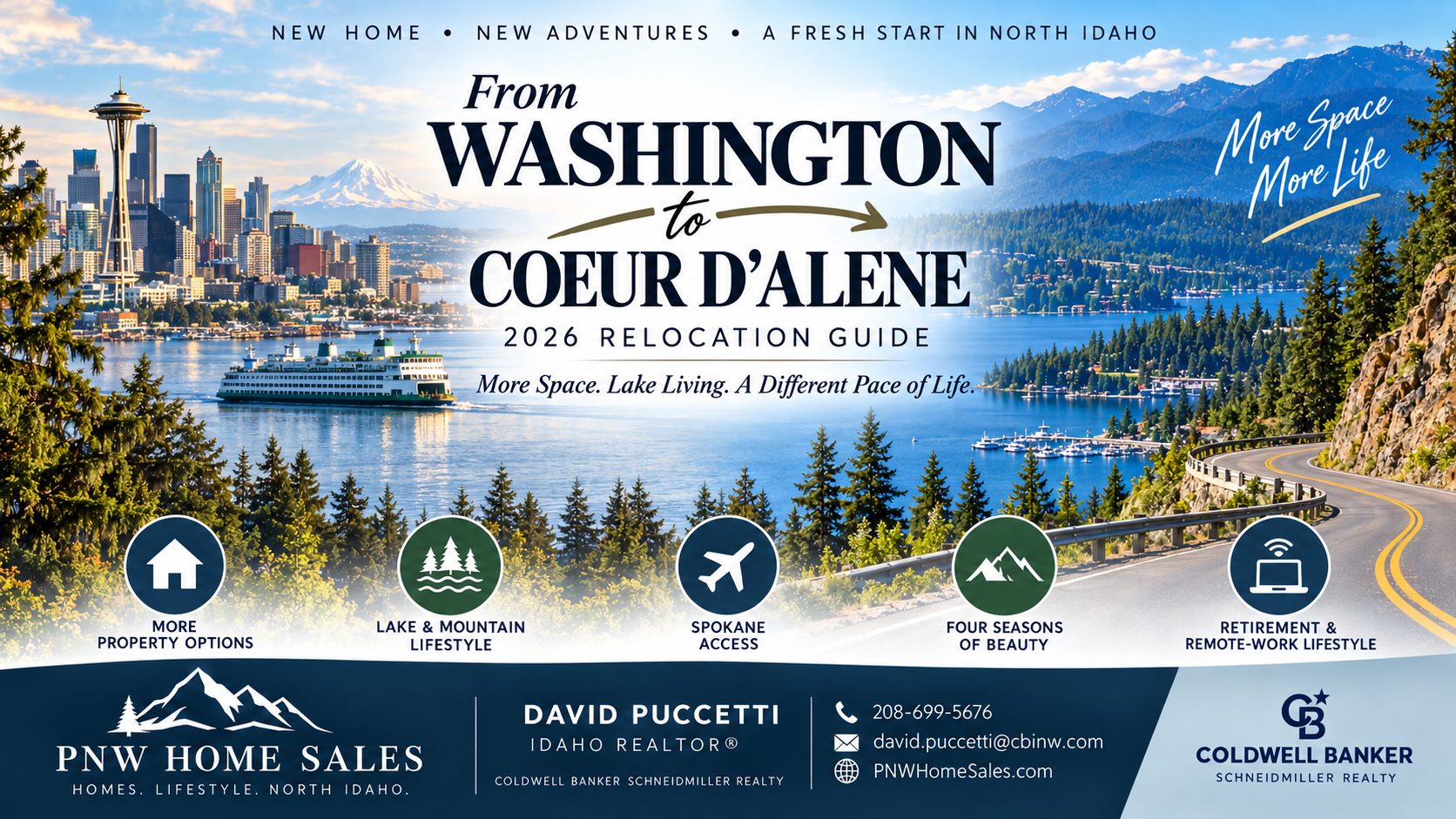 Moving from Washington to Coeur d’Alene Idaho 2026 relocation guide by PNW Home Sales and Coldwell Banker Schneidmiller Realty, featuring Seattle, North Idaho lake lifestyle, Spokane access, four seasons, and property options